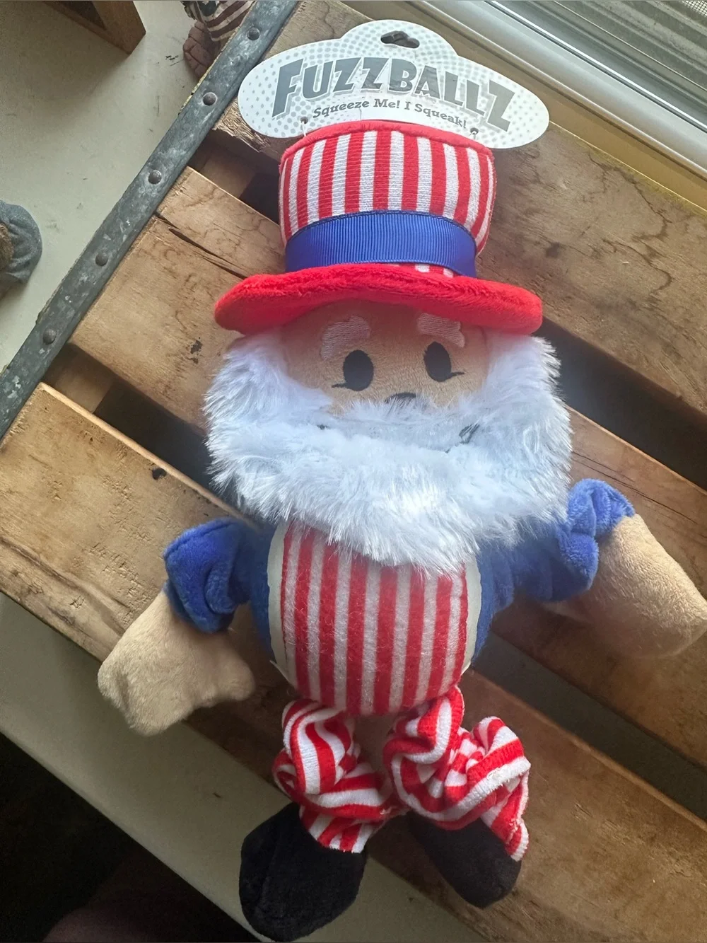 Fuzzballz Patriotic Uncle Sam Squeaky Plush Dog Toy - New